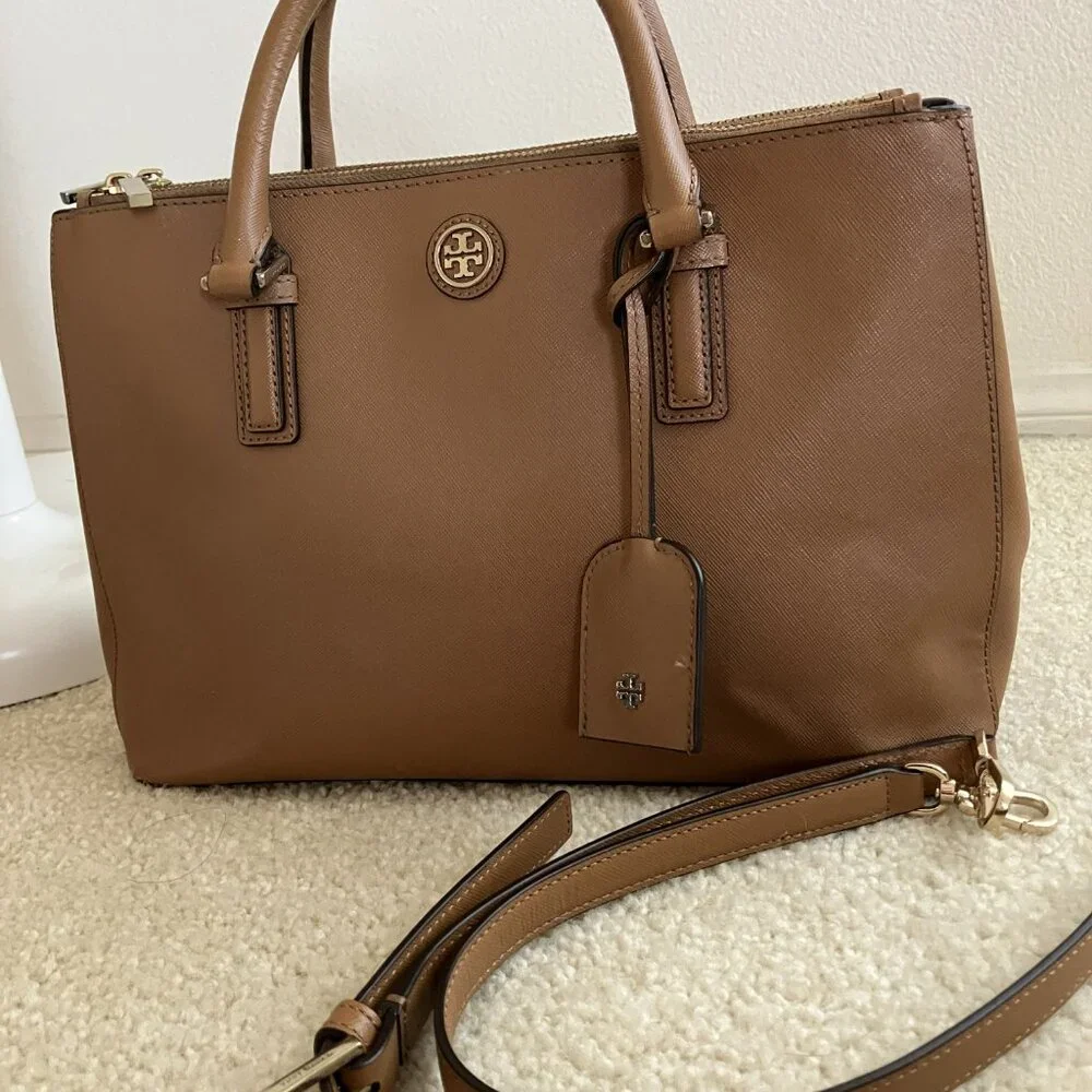 Tory Burch Double Zipper Beige/Tan Leather Tote Bag Top Handle & Strap - Picture 2 of 15